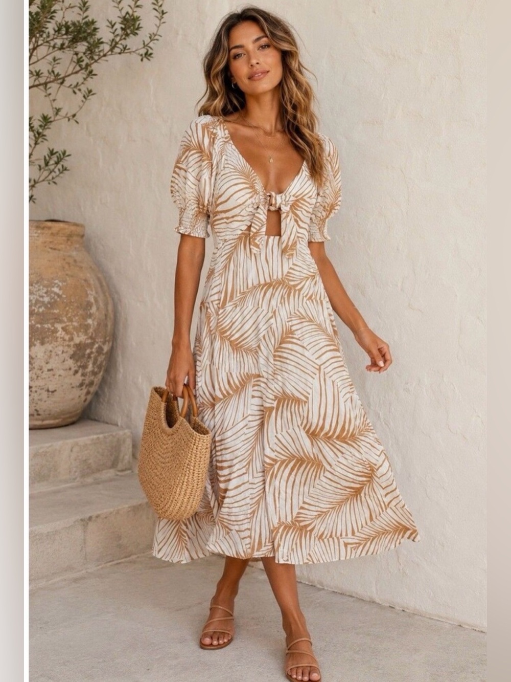 Roxy Cream Midi Dress with Tan Palm Leaf Print Size M, Brand New w/tags